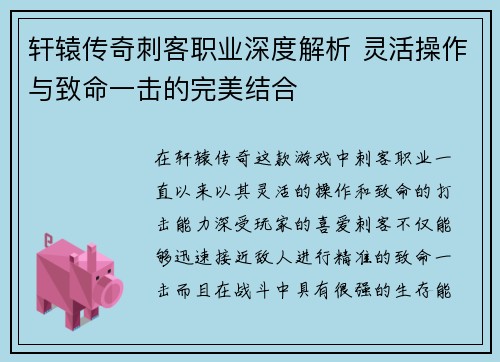 轩辕传奇刺客职业深度解析 灵活操作与致命一击的完美结合